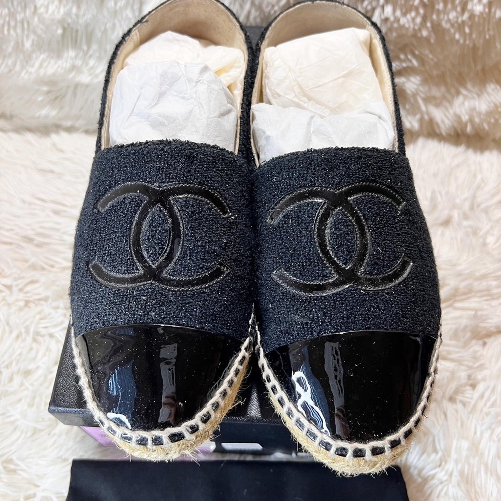 Authentic Chanel Espadrilles Metallic tweed and Patent Leather